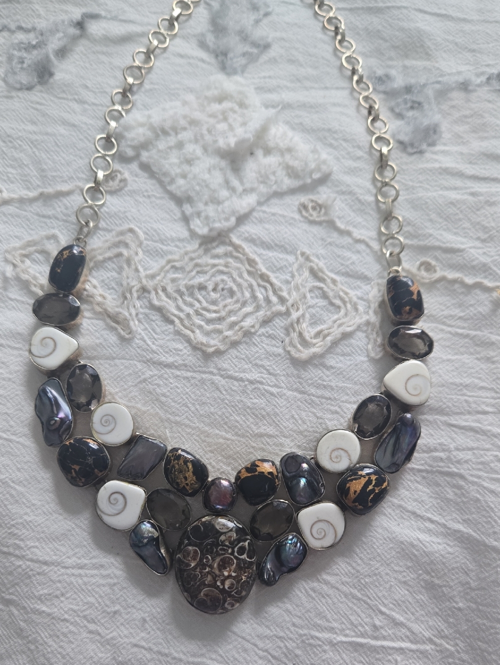 Statement Shell and Stone Bib Necklace in Black and White